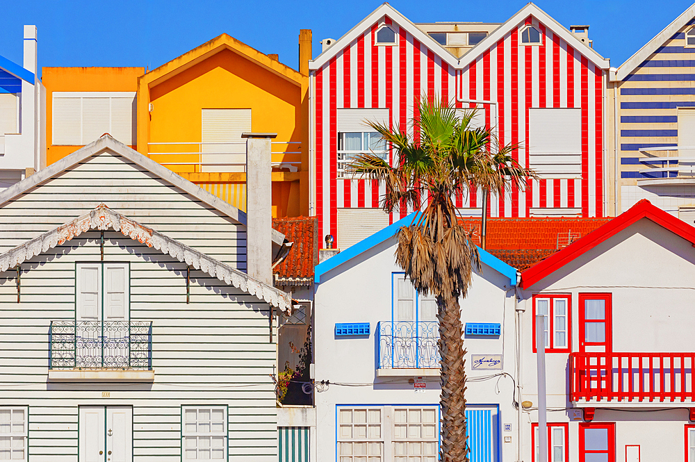 Brightly painted beach homes, Costa Nova do Prado, Aveiro, Portugal