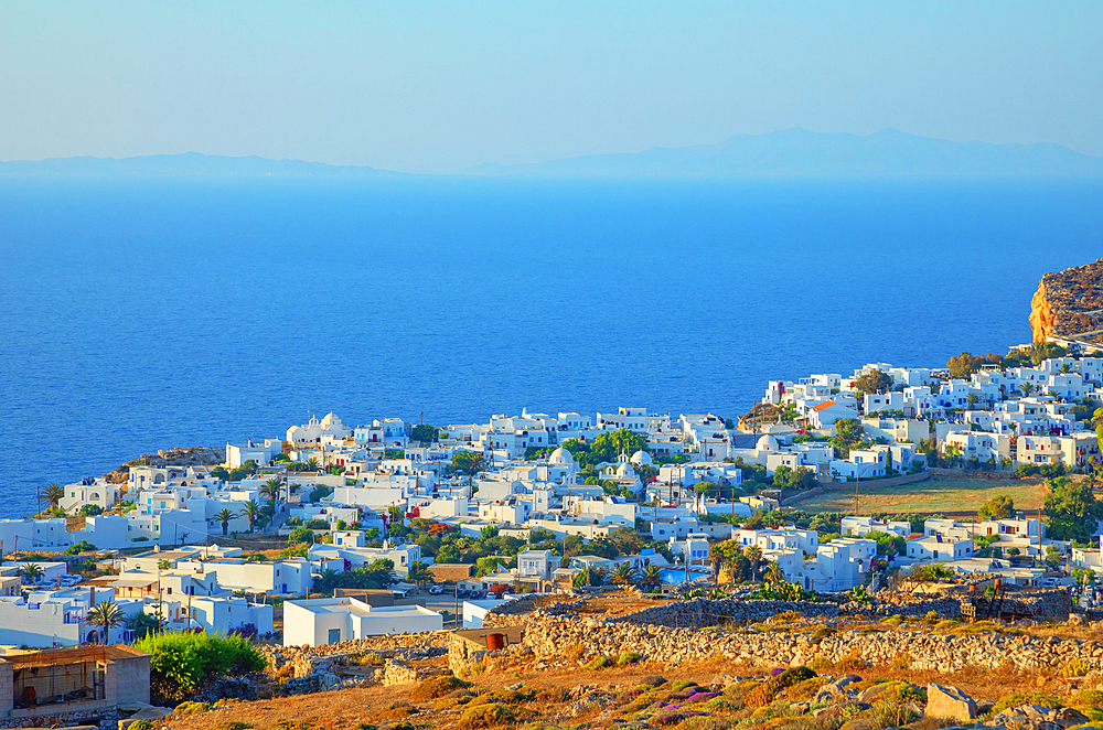 View of Chora village built on a cliff above the sea, Chora, Folegandros Island, Cyclades Islands, Greek Islands, Greece, Europe