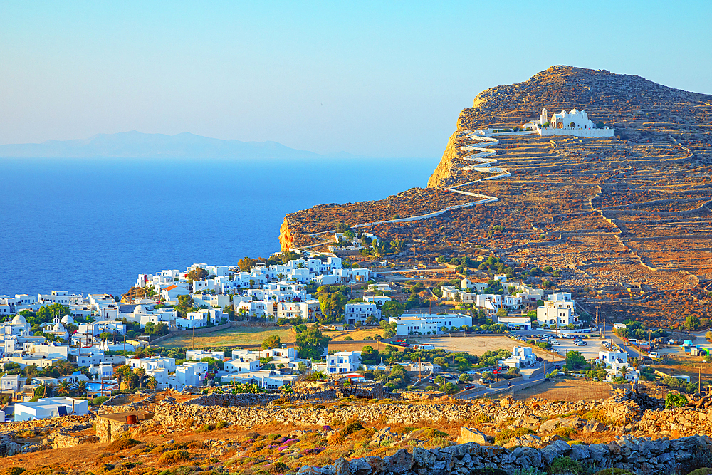 View of Chora village built on a cliff above the sea, Chora, Folegandros Island, Cyclades Islands, Greece