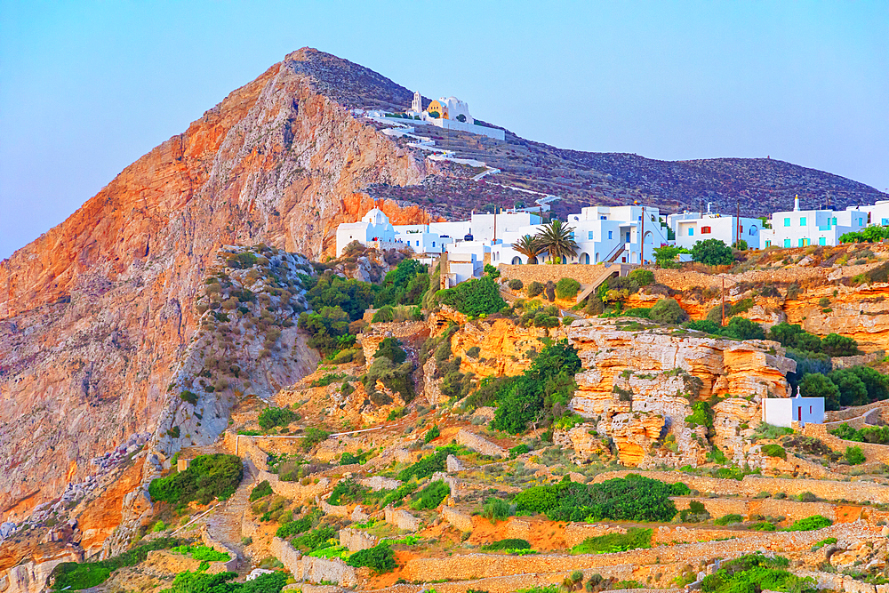 View of Chora village built on a cliff above the sea, Chora, Folegandros Island, Cyclades Islands, Greece