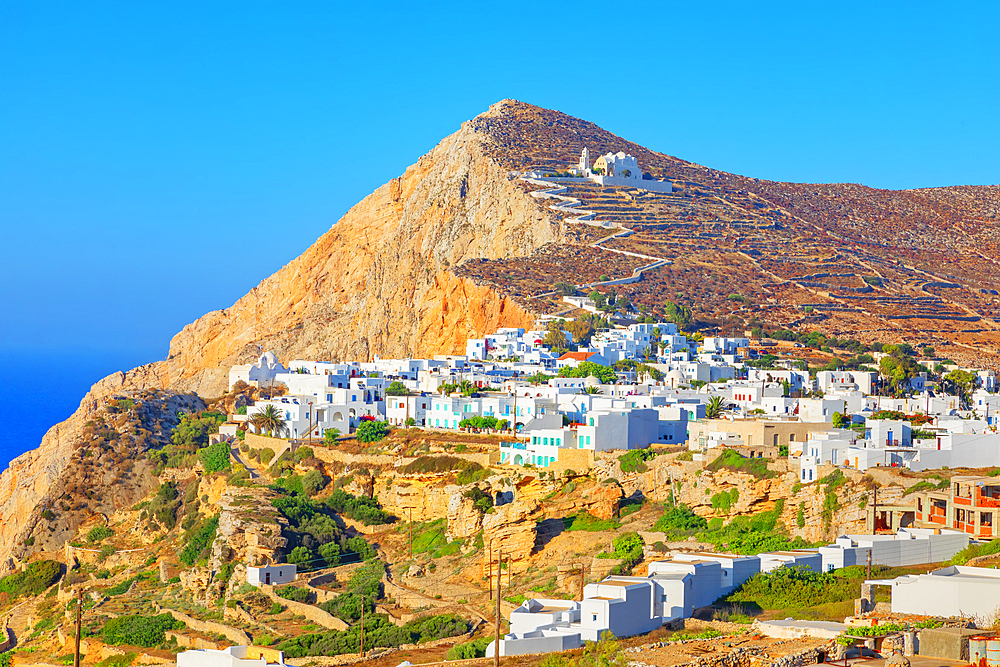 View of Chora village built on a cliff above the sea, Chora, Folegandros Island, Cyclades Islands, Greek Islands, Greece, Europe