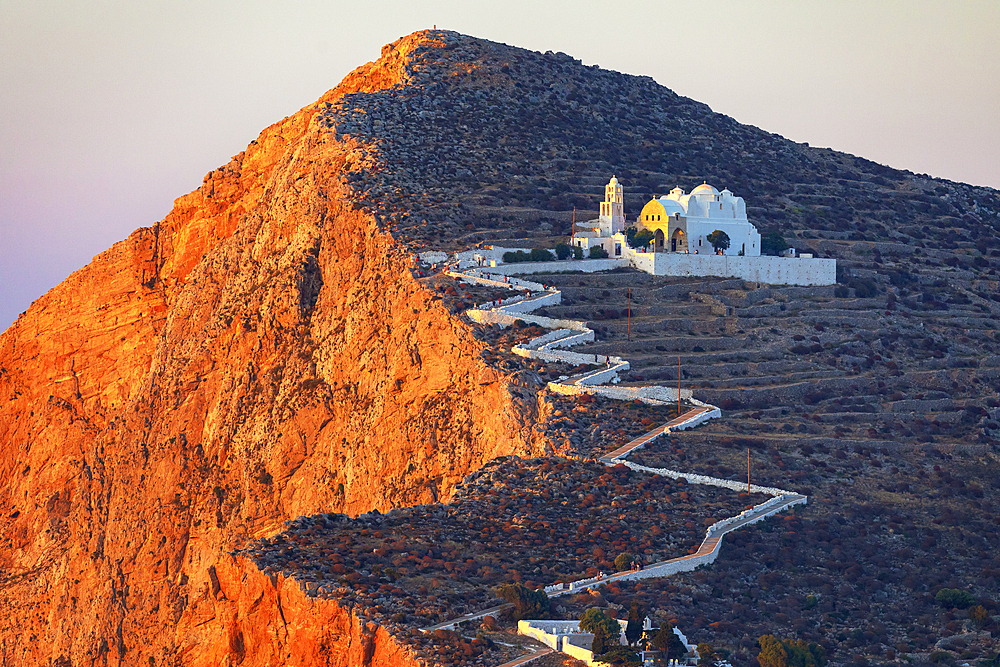 View of Panagia Kimissis church built on a cliff above the sea, Chora, Folegandros Island, Cyclades Islands, Greece