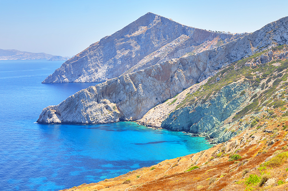 View of Folegandros Island multicolored rocks coastline, Chora, Folegandros Island, Cyclades Islands, Greek Islands, Greece, Europe