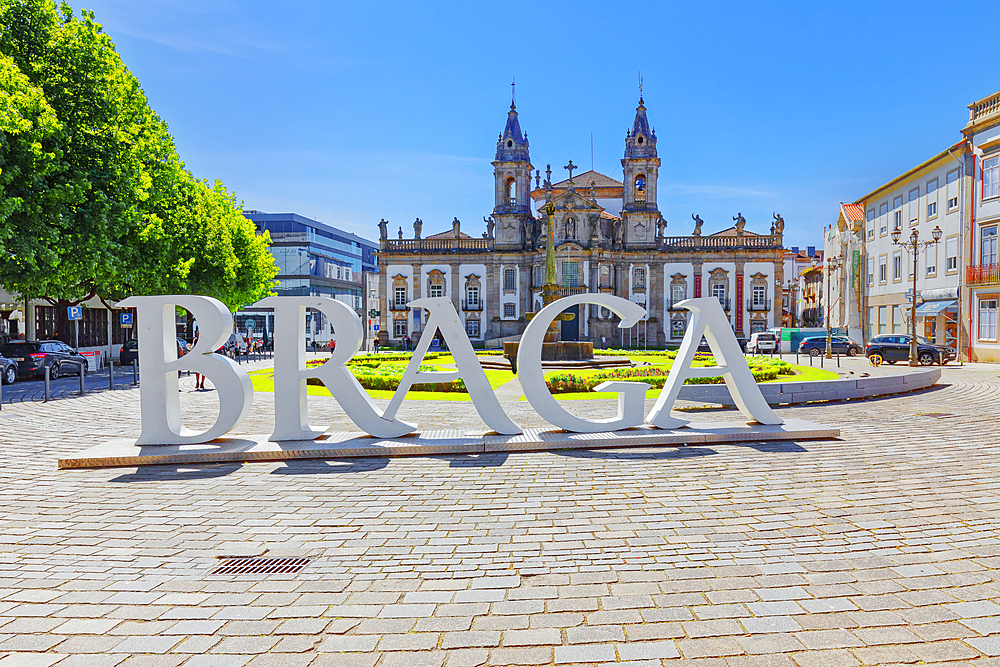 Carlos Amarante square with 18th century Sao Marcos Church in the background, Braga, Minho Province, Portugal