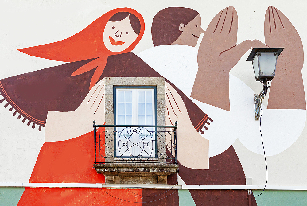 Artistic paintings on old town building facade, Braga, Minho Province, Portugal