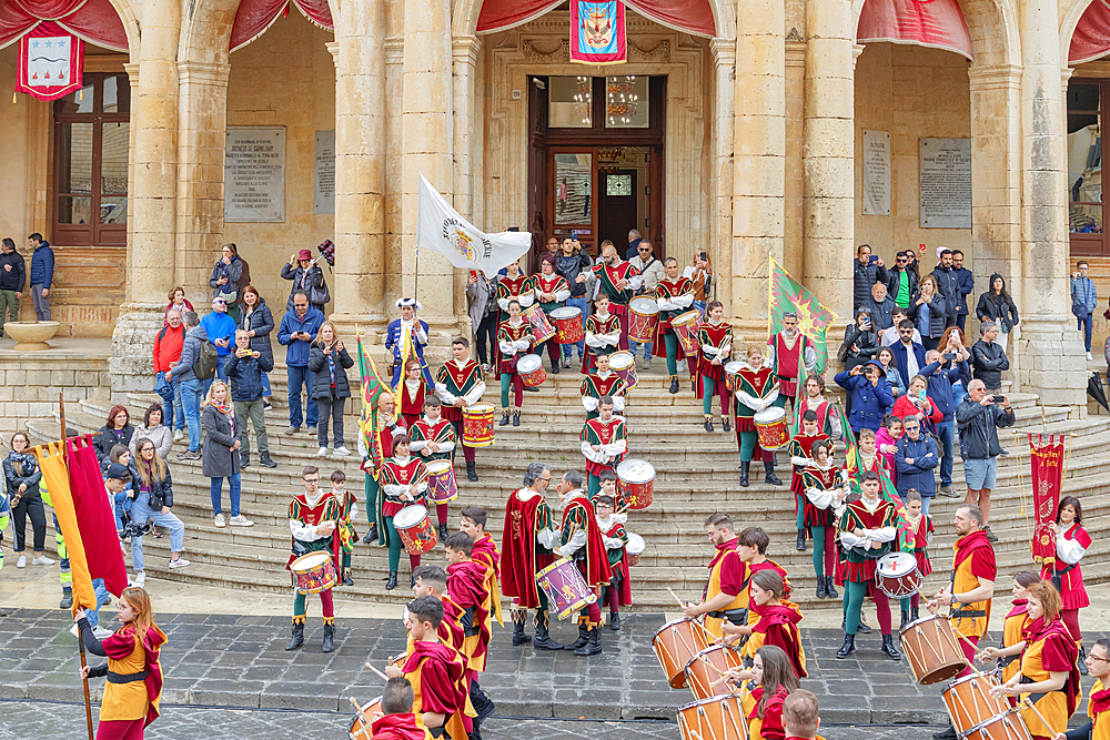 Participants wearing historical costumes on parade, Noto, Noto Valley, Sicily, Italy