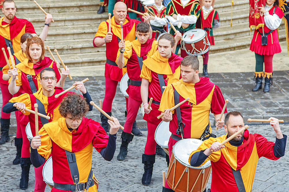 Participants wearing historical costumes on parade, Noto, Noto Valley, Sicily, Italy