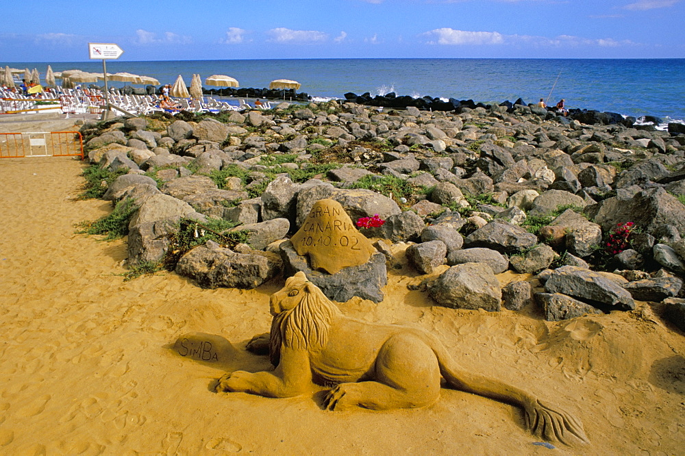 Sand sculpture and seafront, Maspalomas, Gran Canaria, Canary Islands, Spain, Atlantic, Europe