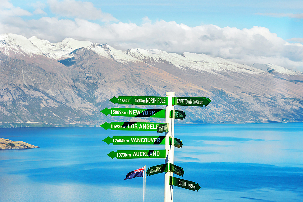Directions sign post, Queenstown, South Island, New Zealand,