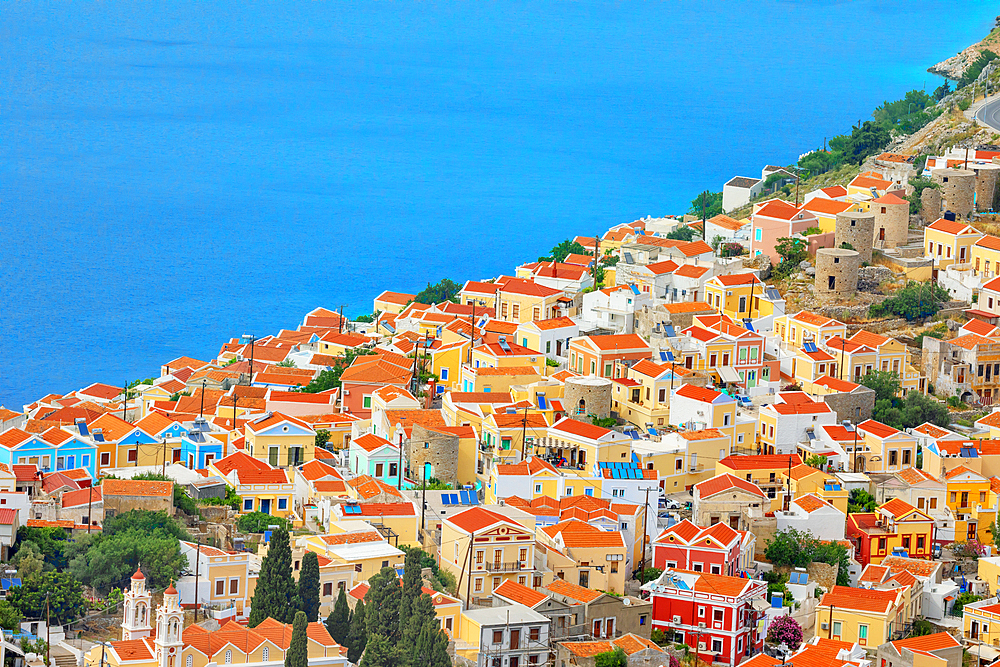 Chorio (upper town), high angle view, Chorio, Symi Island, Dodecanese Islands, Greece