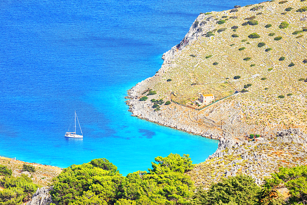Marathounta beach, high angle view, Panormitis, Symi Island, Dodecanese Islands, Greece