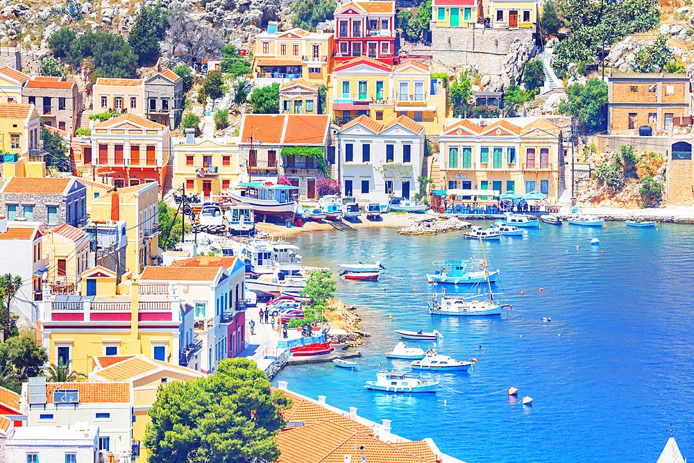 Gialos harbour, high angle view, Symi Island, Dodecanese Islands, Greece