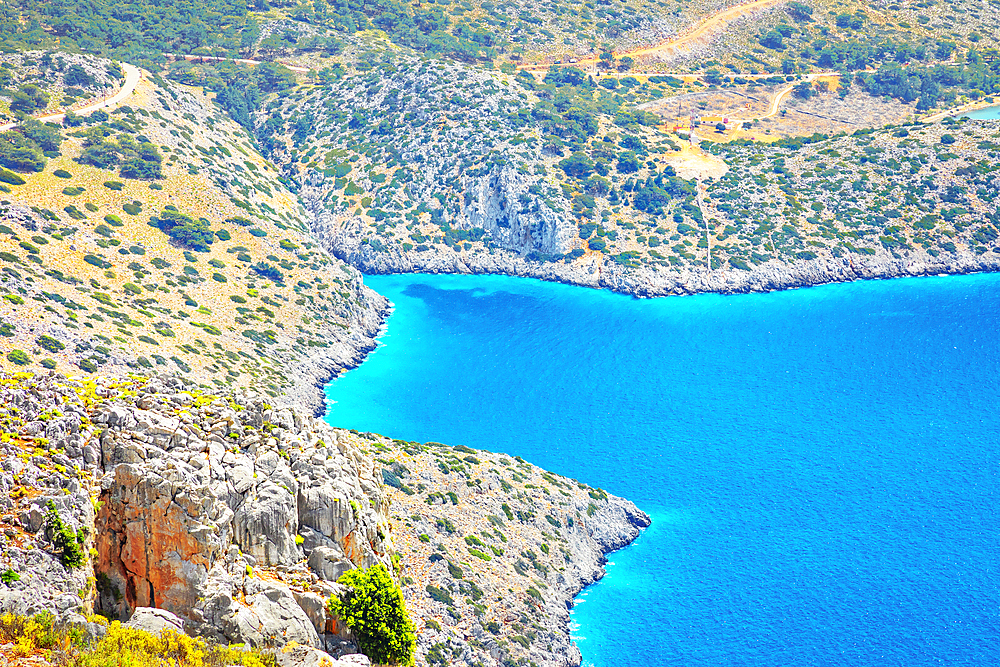 Panormitis bay, high angle view, Panormitis, Symi Island, Dodecanese Islands, Greece