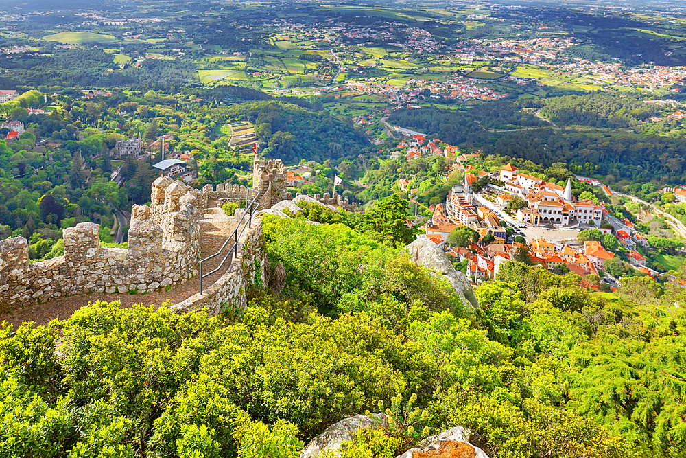 View of Castelo dos Mouros and Sintra town in the distance, Sintra, Portugal