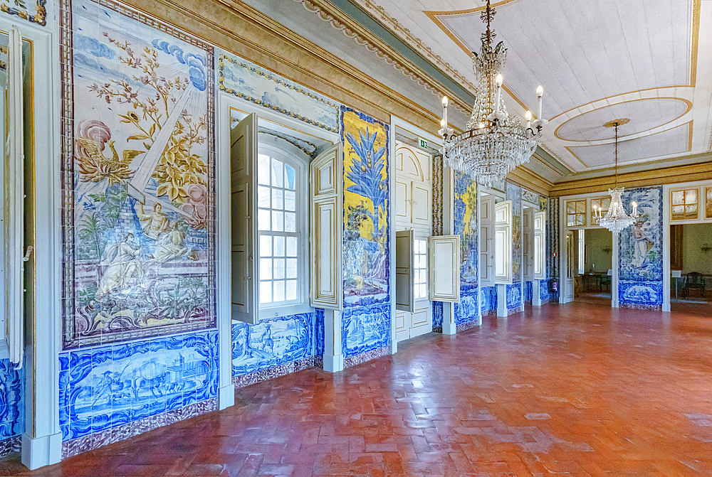 The 'Sala de Mangas' decorated with tile panels, Queluz National Palace, Queluz, Lisbon, Portugal