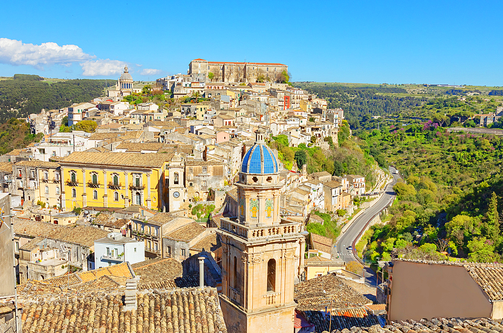 Elevated view of the church of Santa Maria dell'Itria and Ragusa Ibla in the distance, Ragusa Ibla, Ragusa province, Sicily, Italy