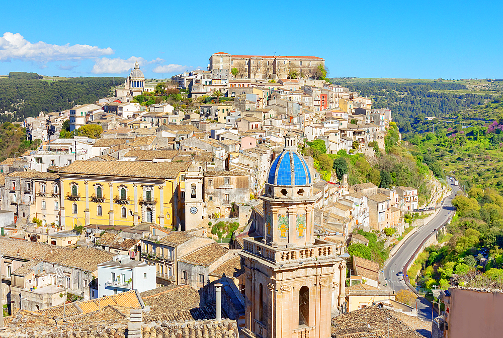 Elevated view of the church of Santa Maria dell'Itria and Ragusa Ibla in the distance, Ragusa Ibla, Ragusa province, Sicily, Italy