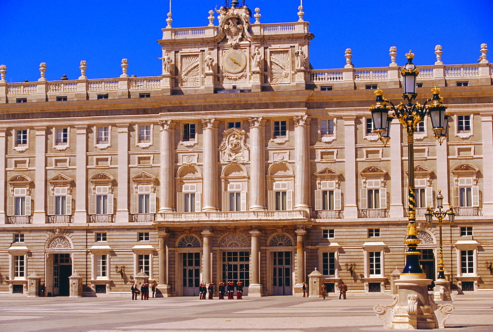 Palacio Real and royal guards on parade, Baroque Spanish architecture, Madrid, Spain