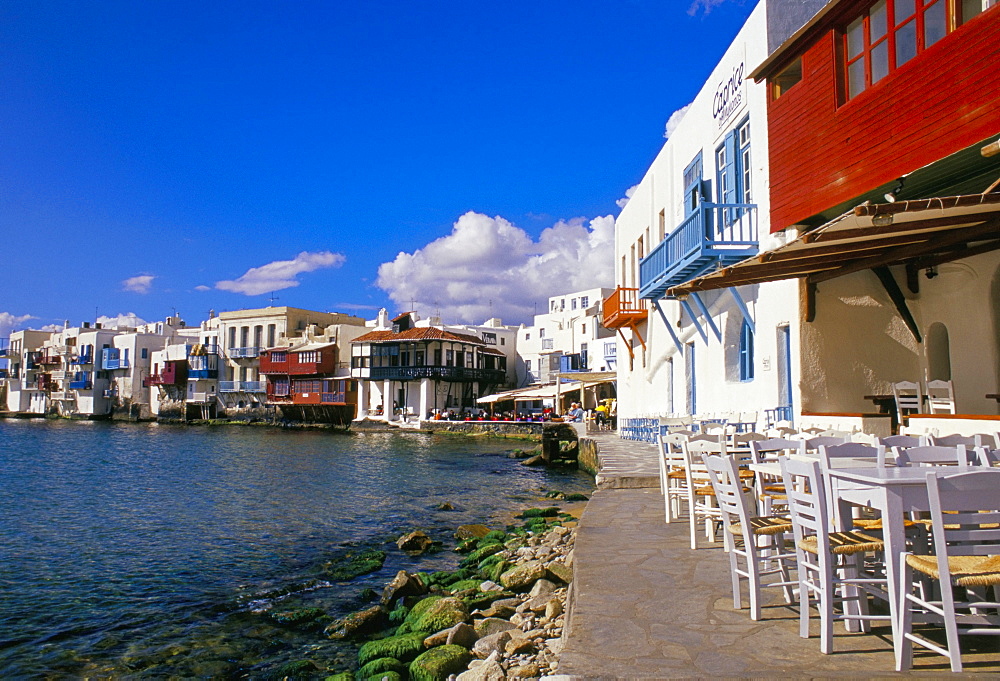 Waterfront of the Little Venice quarter, Mykonos, Cyclades islands, Greece, Mediterranean, Europe