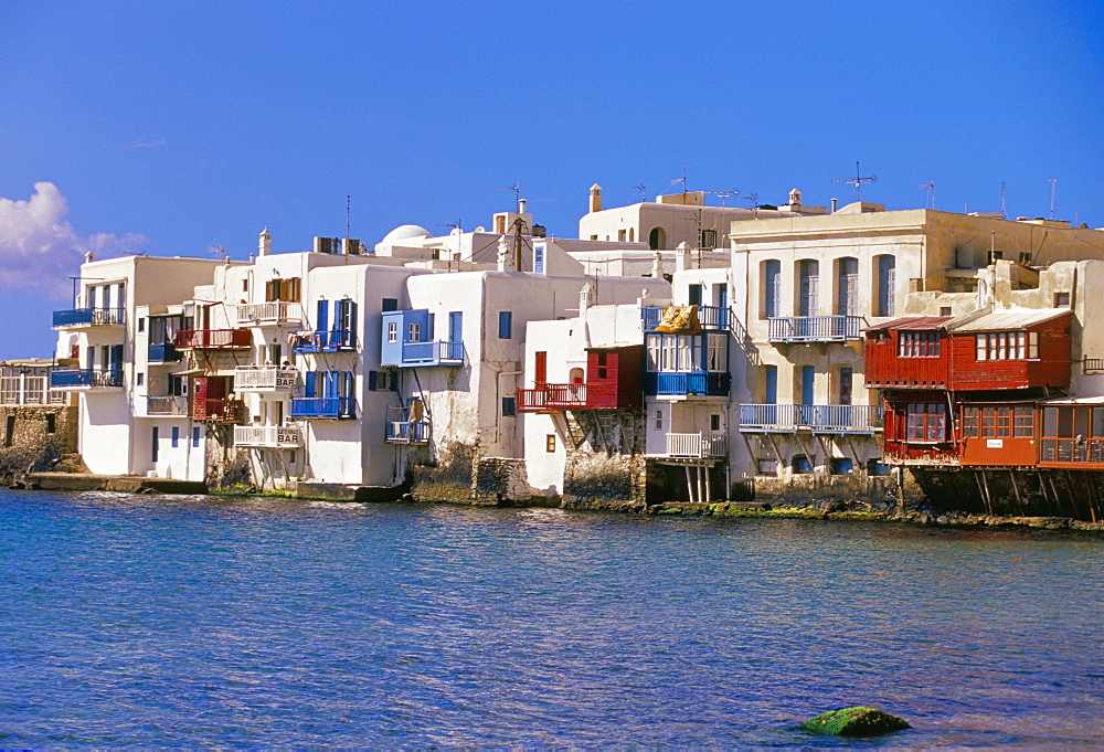 Waterfront of the Little Venice quarter, Mykonos, Cyclades islands, Greece, Mediterranean, Europe