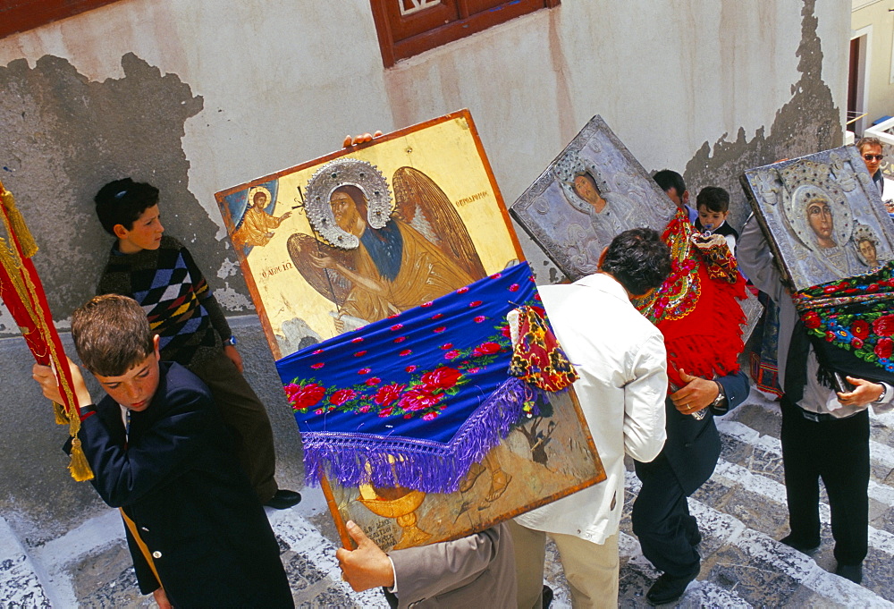 People carrying icons during the celebration of Lambri Triti, Eastern Orthodox Christian festival, Olymbos (Olimbos), Karpathos, Dodecanese islands, Greece, Mediterranean, Europe