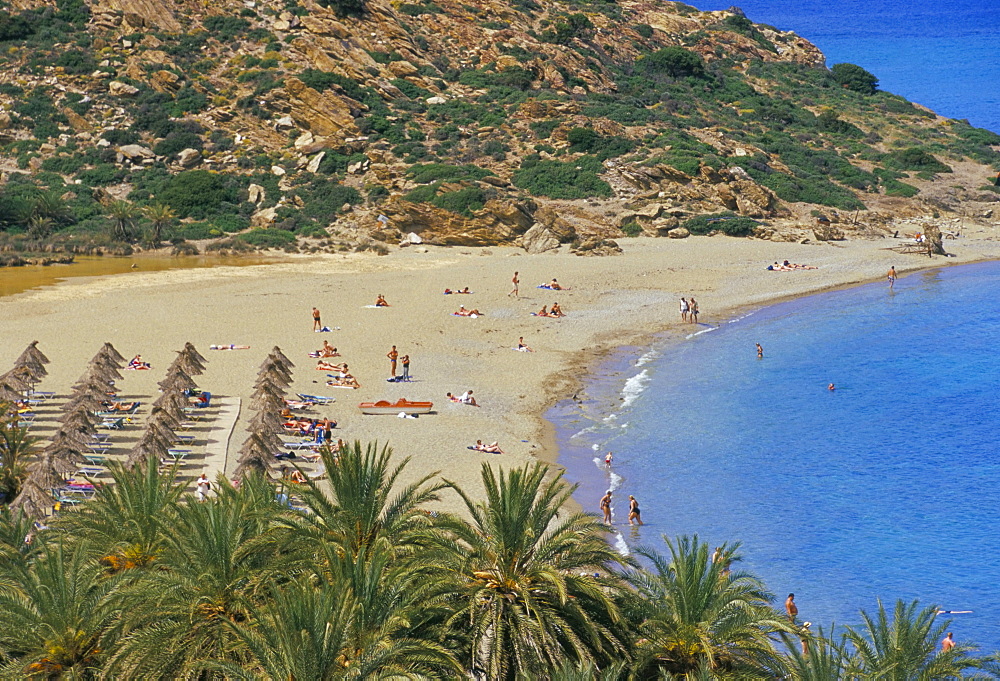 Aerial view of Vai beach and palm trees, eastern Crete, island of Crete, Greece, Mediterranean, Europe