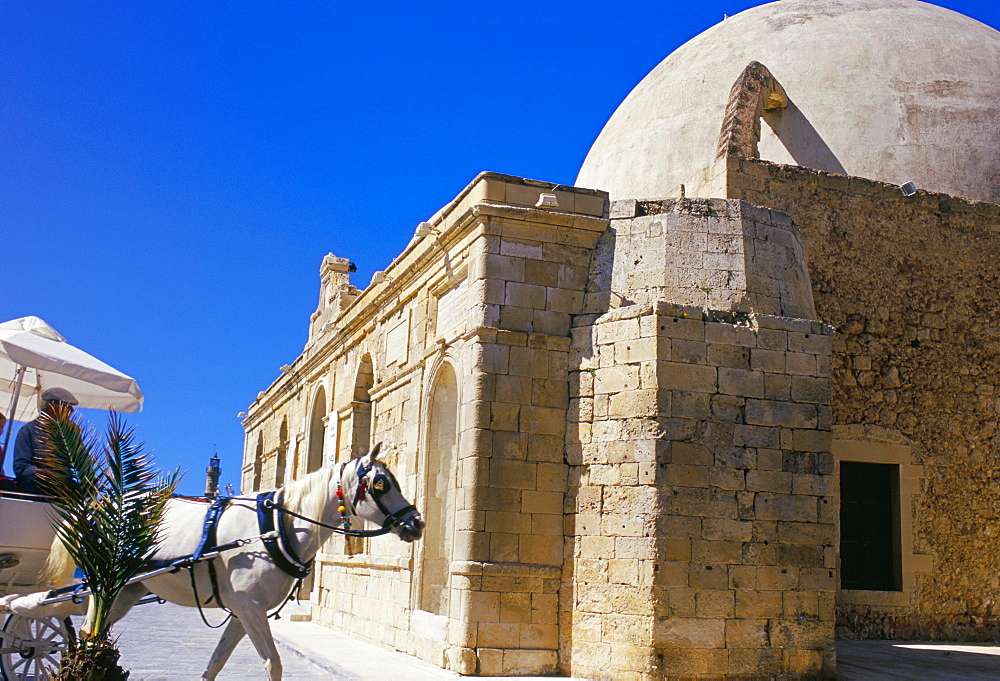 Horse drawn carriage and Turkish mosque, Hania (Chania), island of Crete, Greece, Meidterranean, Europe