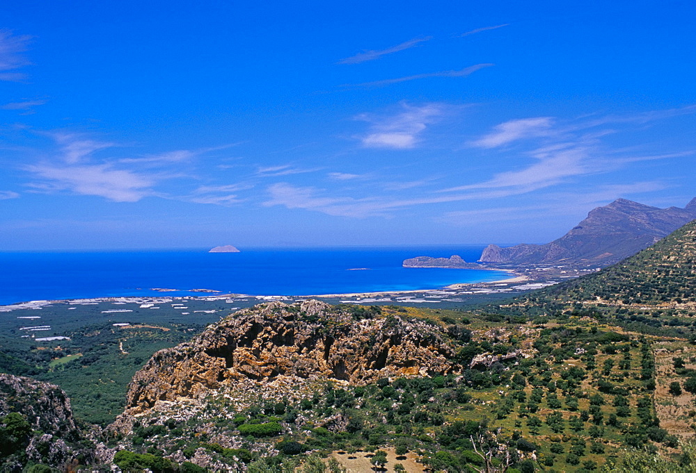 Aerial view of Falassarna coastline and beach, Falassarna, island of Crete, Greece, Mediterranean, Europe