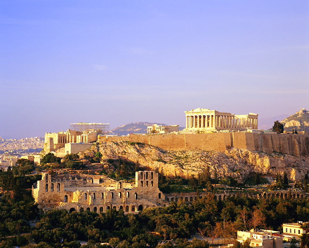 View of the Parthenon and the Acropolis seen from Filopappos Hill, Athens, Greece