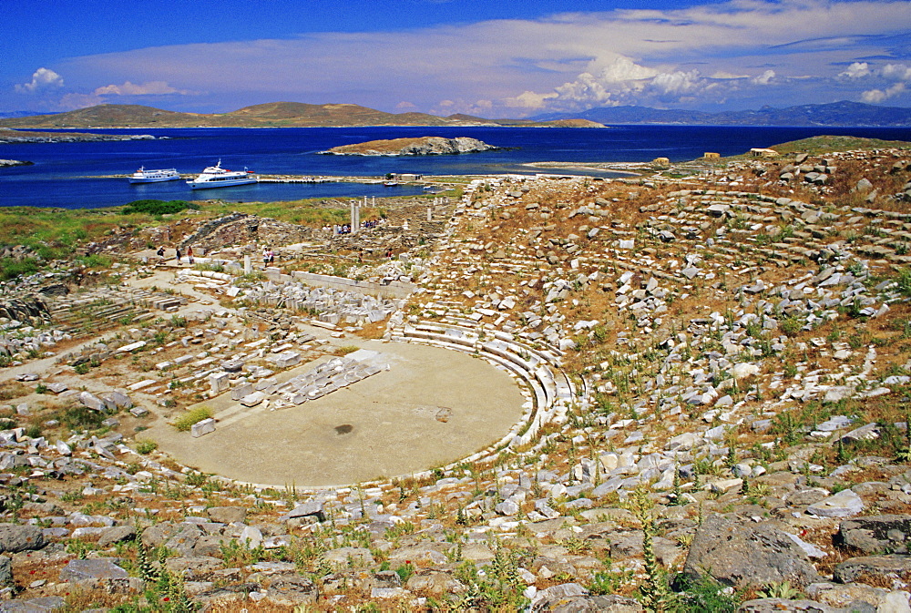 View of the theatre and the island, Delos, Cyclades Islands, Greece