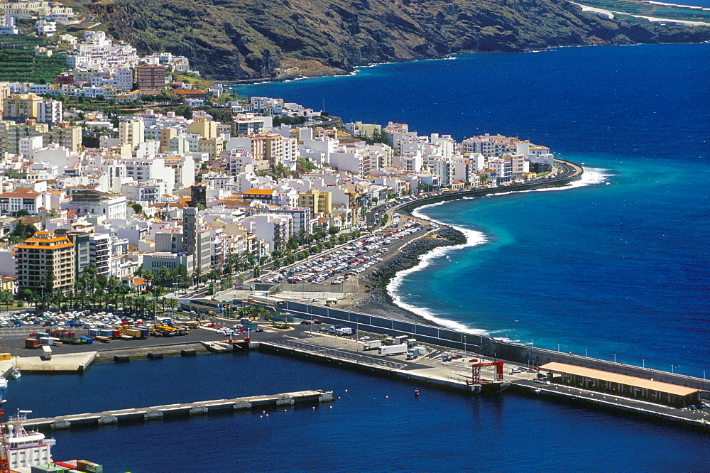 Aerial view of Santa Cruz de la Palma and harbour, Santa Cruz de la Palma, La Palma, Canary Islands, Spain, Atlantic, Europe