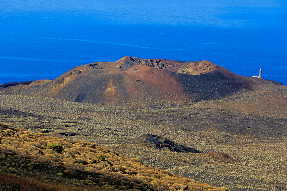 Volcano cone viewed from la Dehesa, with sea beyond, El Hierro, Canary Islands, Spain, Atlantic, Europe