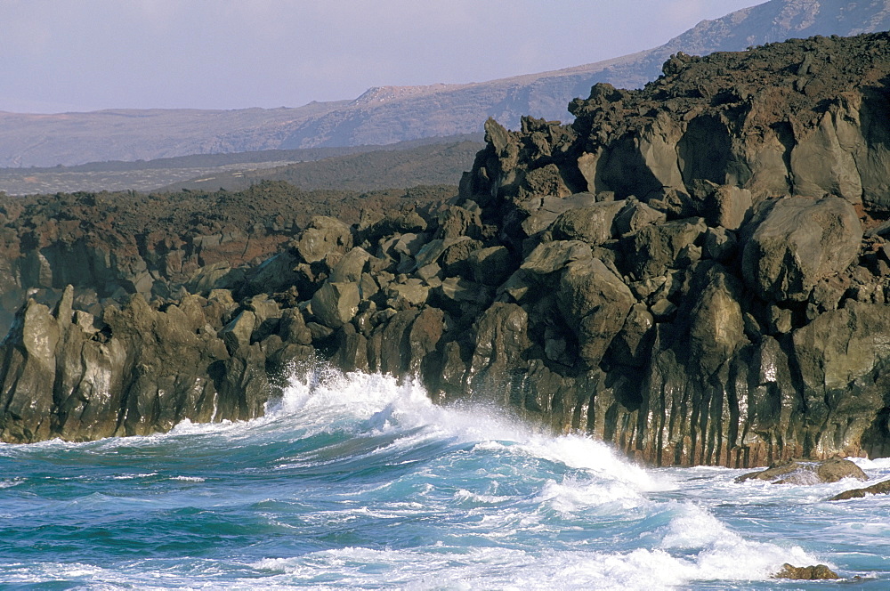 Volcanic rocks and sea, Parque Nacional de Timanfaya, Lanzarote, Canary Islands, Spain, Atlantic, Europe