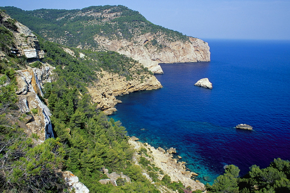 The northern coast of the island near Na Xamena, near Sant Miguel, Ibiza, Balearic Islands, Spain, Mediterranean, Europe