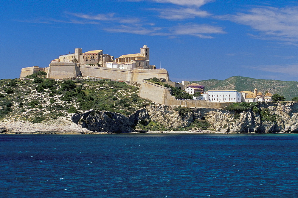 The walls and old centre of Ibiza town (Alta Vila) (Dalt Vila) (Upper Town), UNESCO World Heritage Site, and sea, Ibiza Town, Ibiza, Balearic Islands, Spain, Mediterranean, Europe