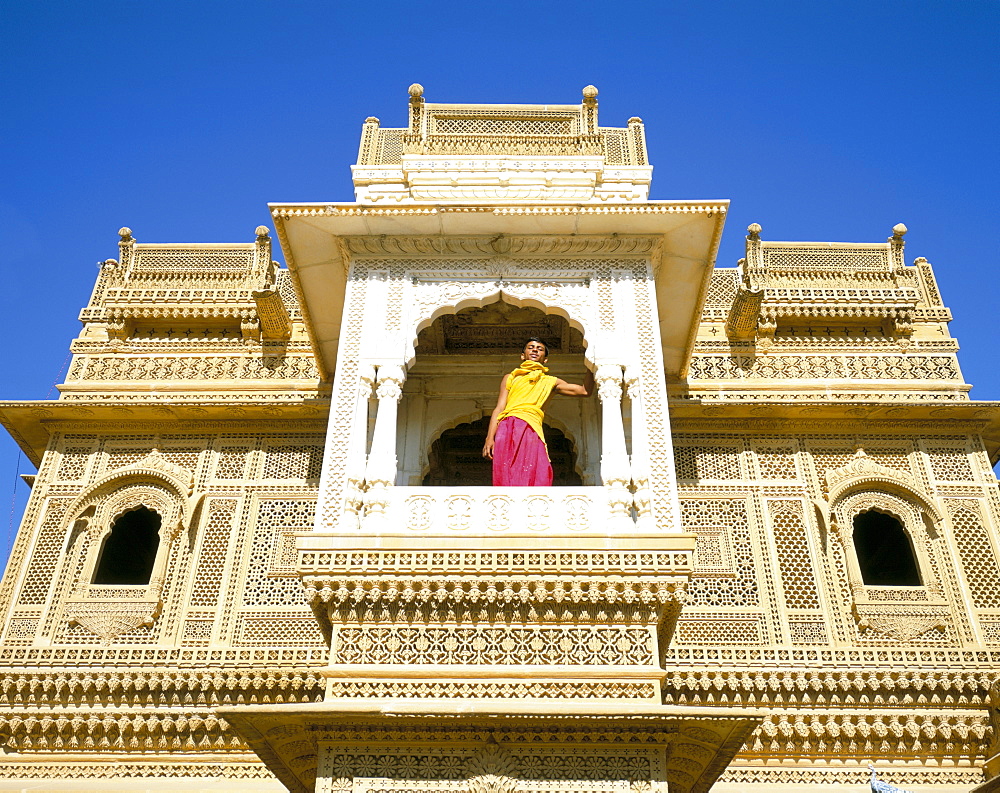 Jain priest and Jain temple, Amar Sagar, near Jaisalmer, Rajasthan state, India, Asia