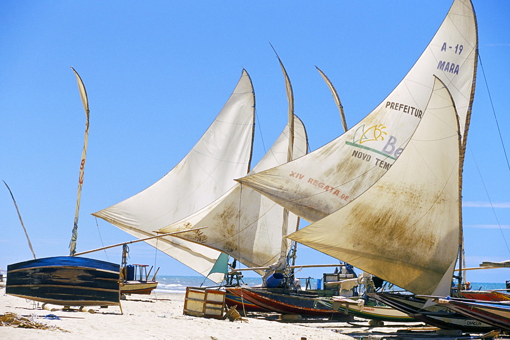 Jangada fishermen's boats on the beach, near Canoa Quedrada, Caera', Brazil, South America