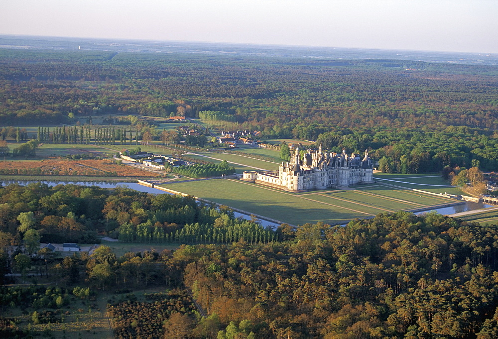 Aerial view of the Chateau of Chambord, UNESCO World Heritage Site, Route of Francois 1er (Francis 1st), Pays de Loire, Loire Valley, France, Europe