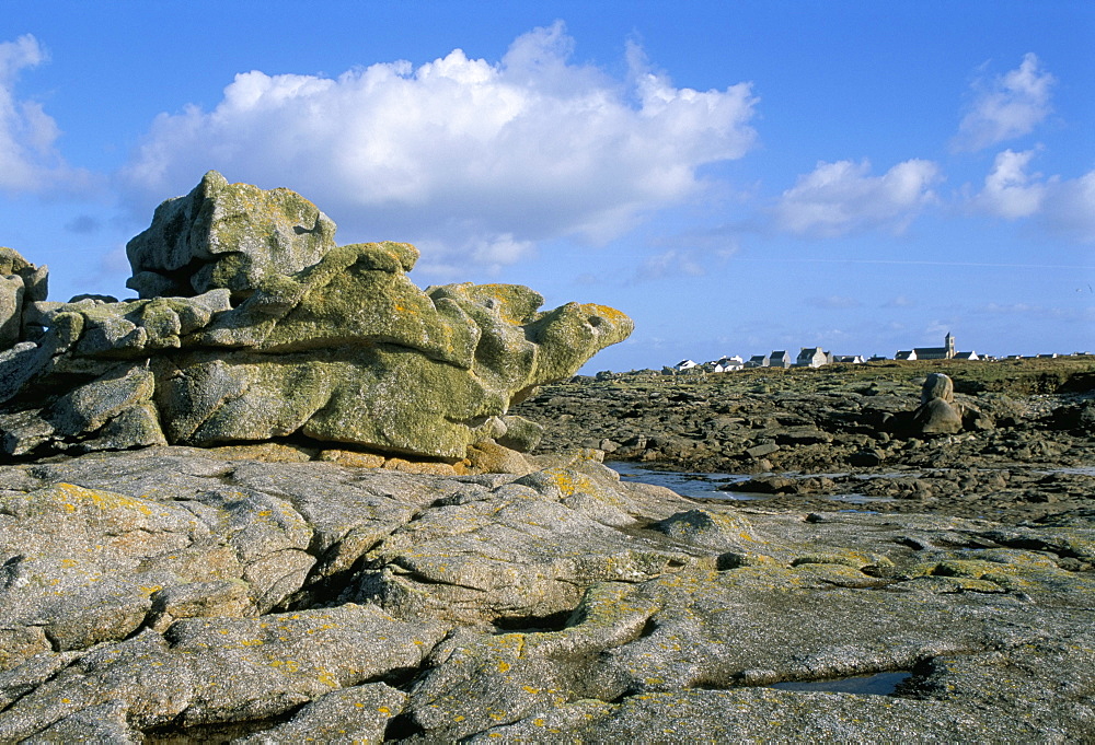 The village seen from the great rocks, Ile de Sein, Breton Islands, Finistere, Brittany, France, Europe