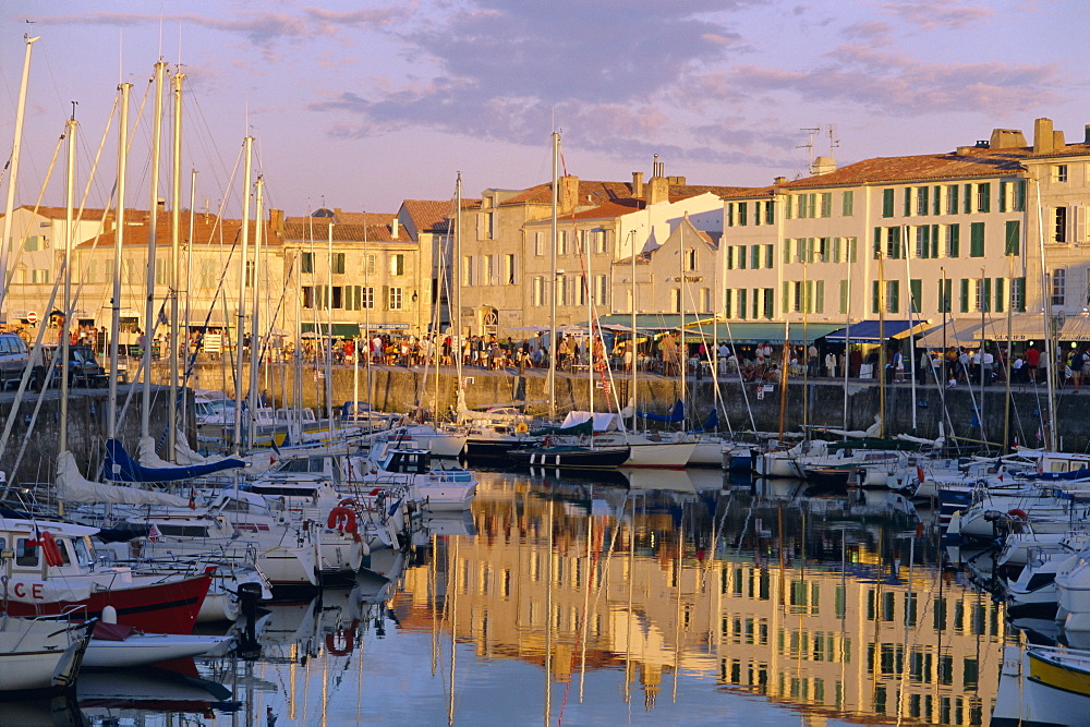 Reflections in the harbour, Le Port du Quai de la Poithevinieres (Poithevinieres Quay), Commune de Saint Martin (St. Martin), Ile de Re, Charente Maritime, France, Europe