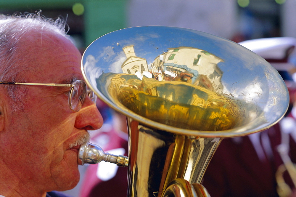 Portrait of a musician, La fete des vendanges, Commune du Bois, Ile de Re, Charente Maritime, France, Europe