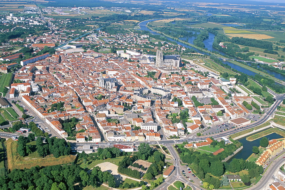 Aerial view of fortifications of Marshal Vauban, town of Toul, Meurthe-et-Moselle, Lorraine, France, Europe