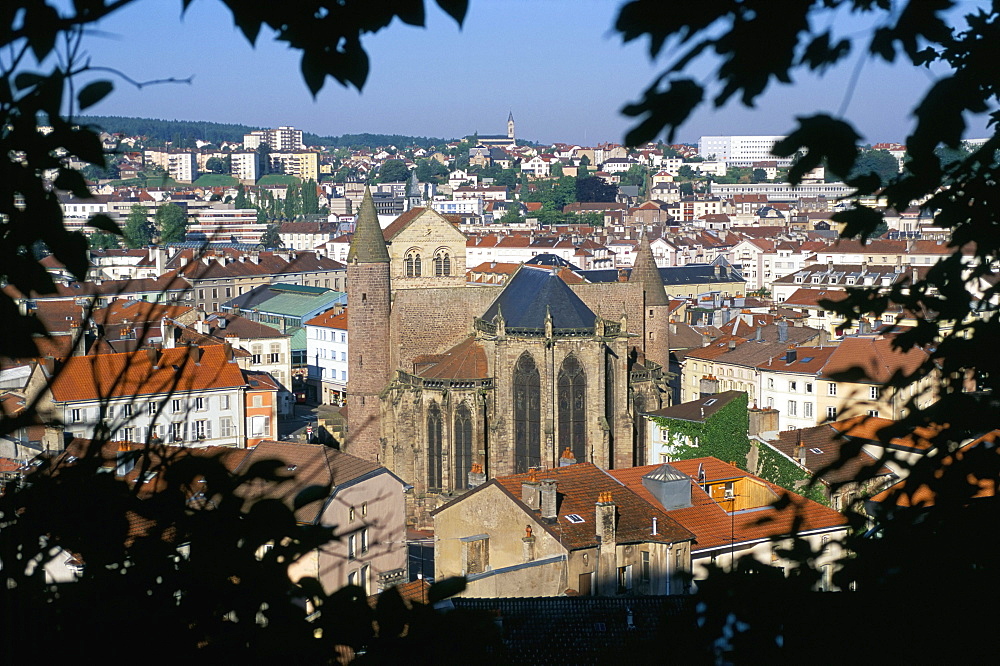 View from castle garden of the Saint Maurice basilica in town of Epinal, Vosges, Lorraine, France, Europe