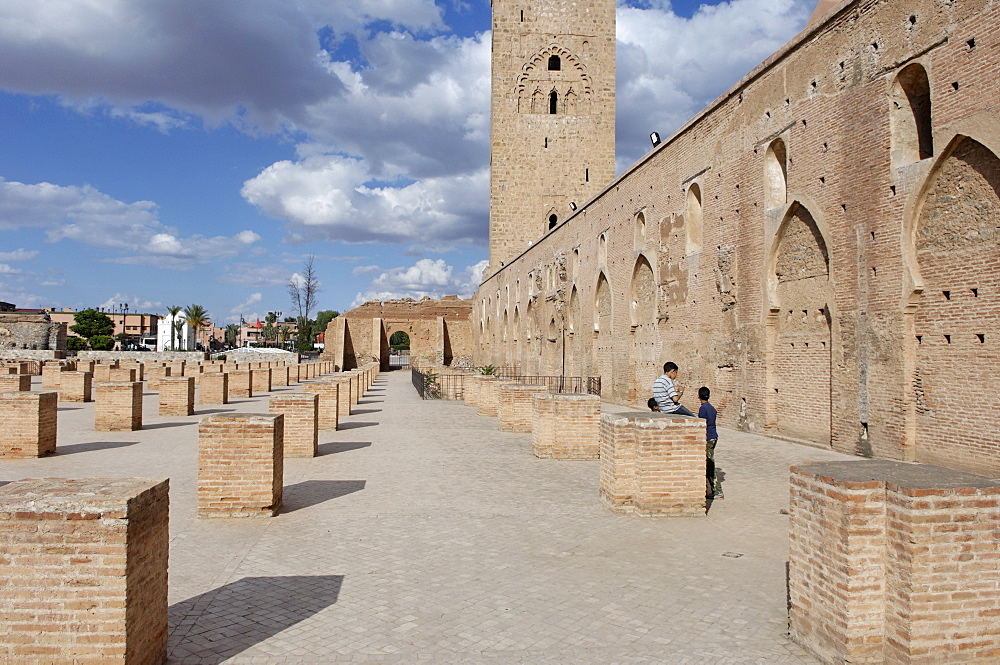 The Koutoubia minaret in the heart of the old medina next to a mosque of the same name, built in the 12th century, Marrakesh, Morocco, North Africa, Africa