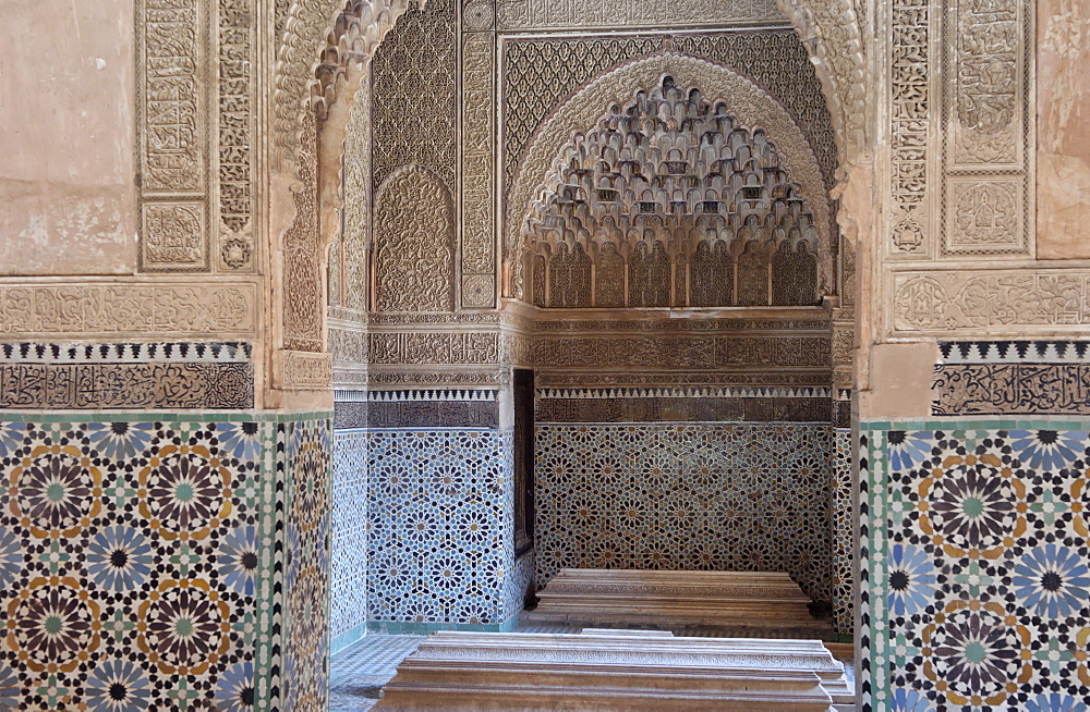 The Saadian tombs in the Kasbah district, dating back to the time of the Sultan Ahmed Al Mansour, who died in 1603, Medina, Marrakesh, Morocco, North Africa, Africa