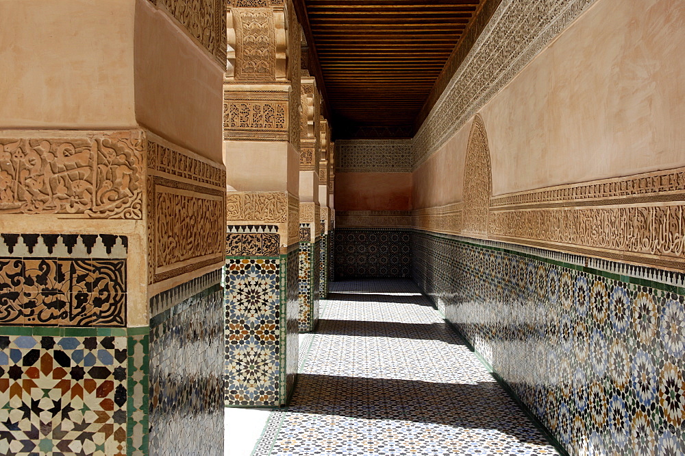 The Medersa Ben Youssef, the largest in Morocco, built by the Almoravide dynasty and then rebuilt in the 19th century, richly decorated in marble, carved wood and plasterwork, Medina, Marrakesh, Morroco, North Africa, Africa