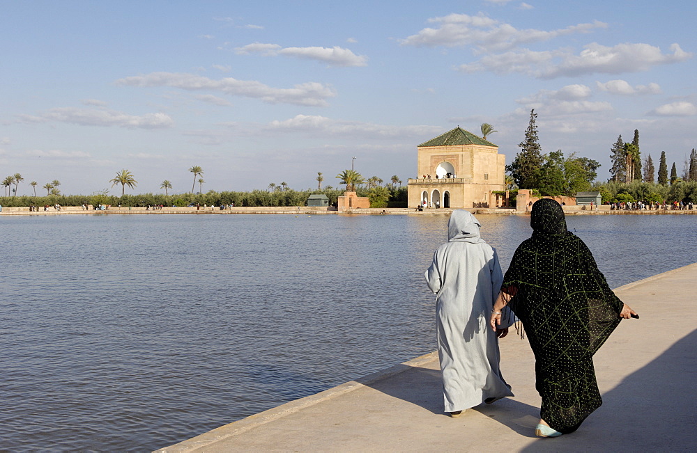 The Menara gardens, where the Almoravides built a huge pool in the center of the gardens in the 12th century and the pavilion dates back to the time of the Saadians, Marrakesh, Morocco, North Africa, Africa