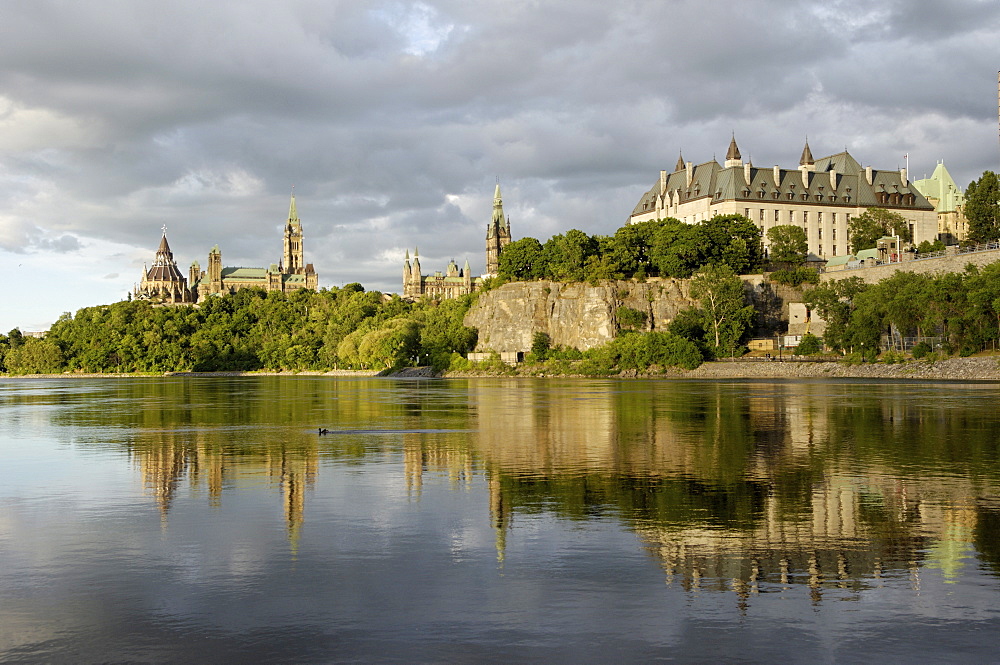 Overview of Parliament Hill from the banks of the Ottawa river, Ottawa, Ontario Province, Canada, North America