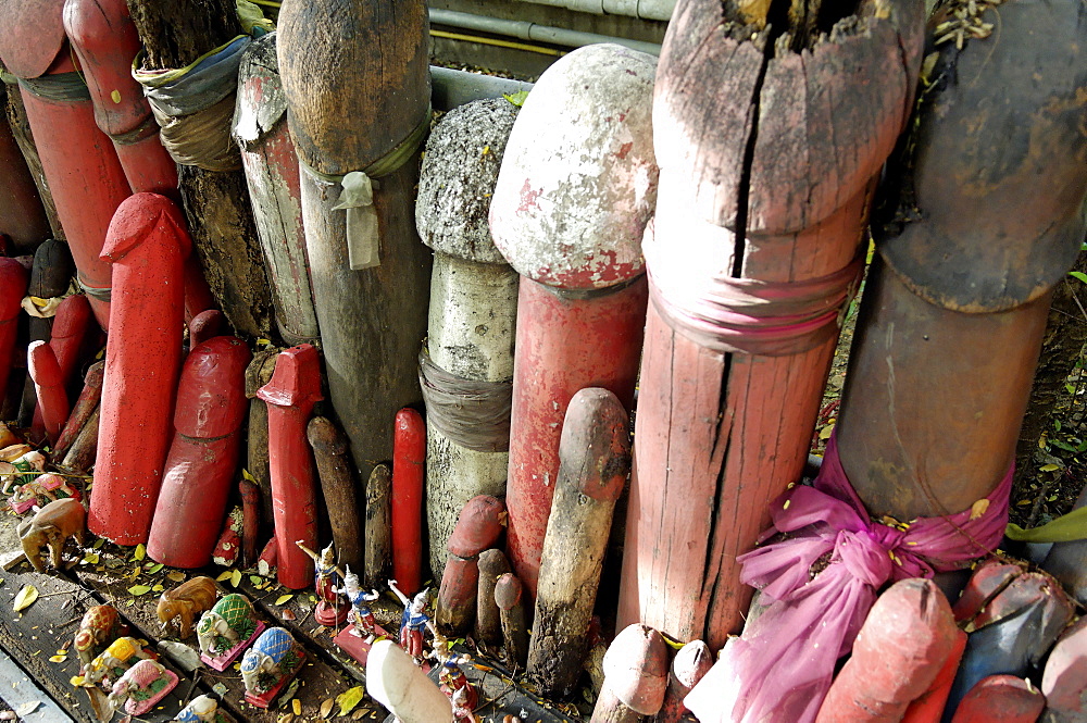 Formerly built to re-house the spirit from the ficus tree, donations of phallic symbols have resulted in the shrine being dedicated to fertility, Chao Mae Tuptim (Shrine of the Goddess Tuptim), Bangkok, Thailand, Southeast Asia, Asia