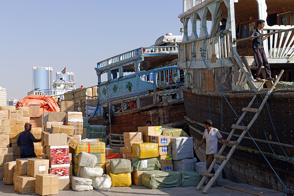 Trading dhows on the docks of Dubai Creek, Deira, Dubai, United Arab Emirates, Middle East